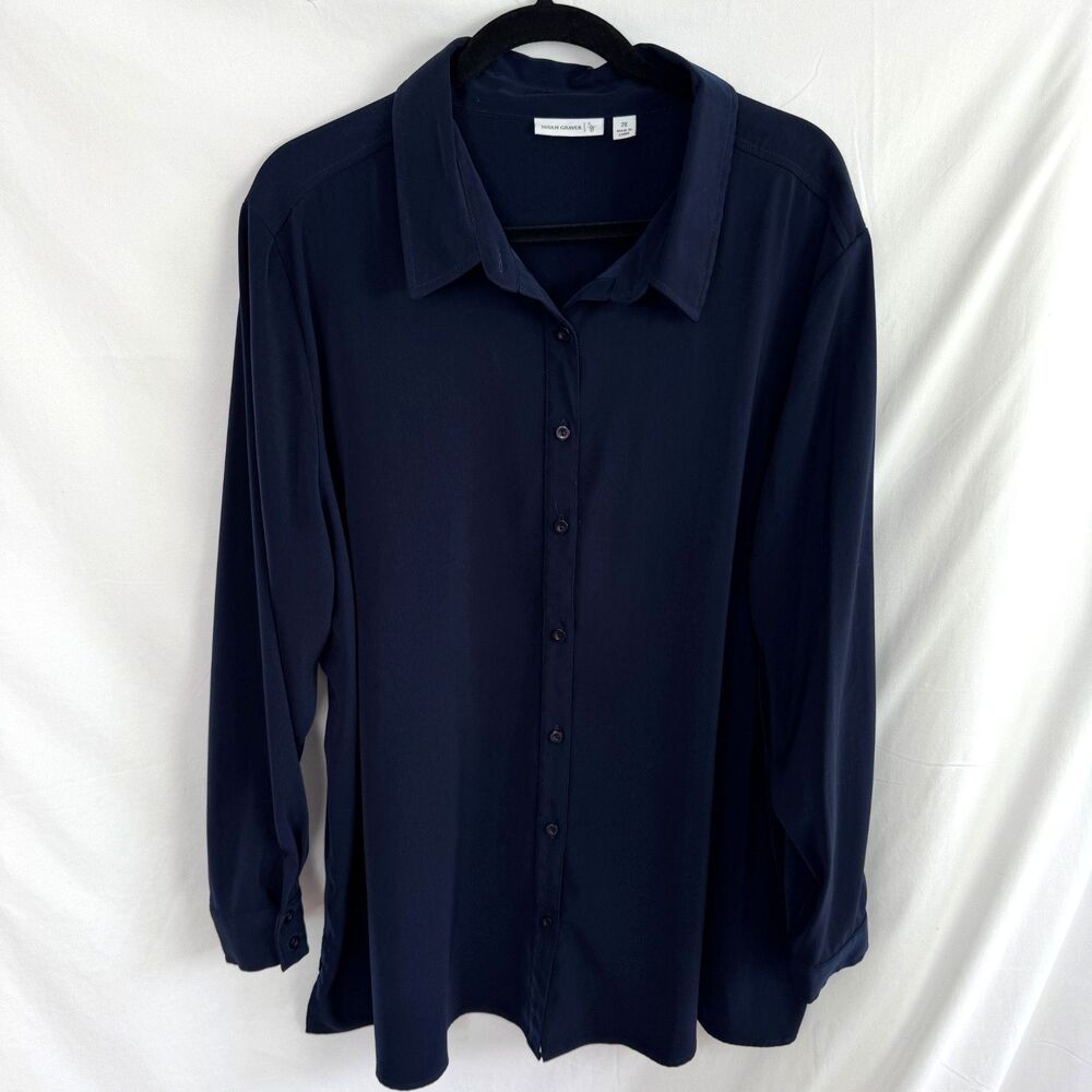Susan Graver Tunic Top Blouse Size 2X Navy Blue Long  Sleeves Liquid Knit Button